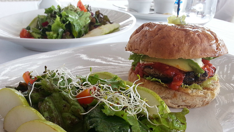 Salad and a portobello burger in Puerto Vallarta